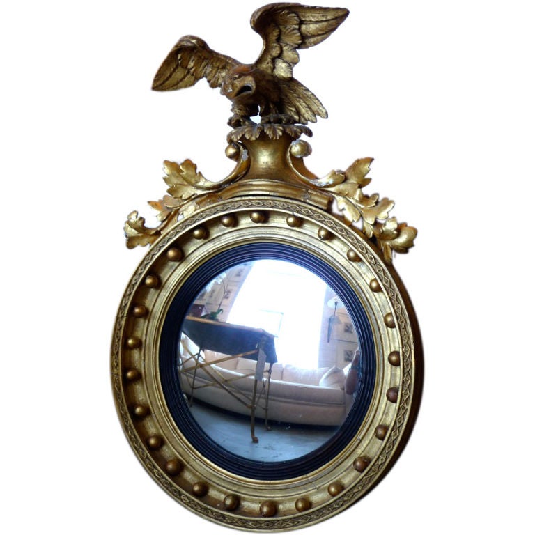 18th Century Giltwood Convex Mirror w/ Eagle For Sale
