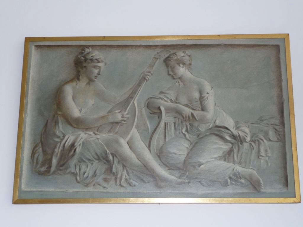Pair of important continental grisaille paintings of the arts and sciences in giltwood frames.