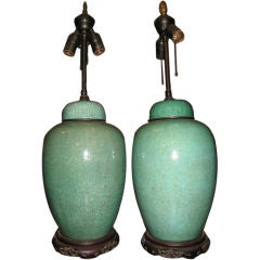 Pair of Chinese Green Crackle Glazed Table Lamps