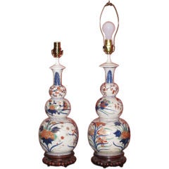 Pair Chinese Triple Gourd Vases Mounted as Lamps