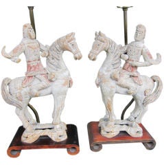 Pair of Tang Style Carved Wood and Polychrome Figural Lamps