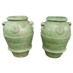 Pair of Italian Green Glazed Garden Urns