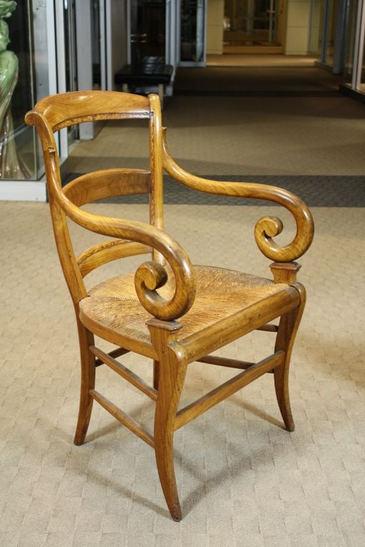 French Provincial Pair of French Scroll Armchairs with Rush Seats For Sale