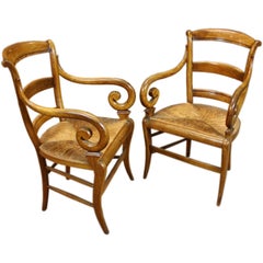 Pair of French Scroll Armchairs with Rush Seats
