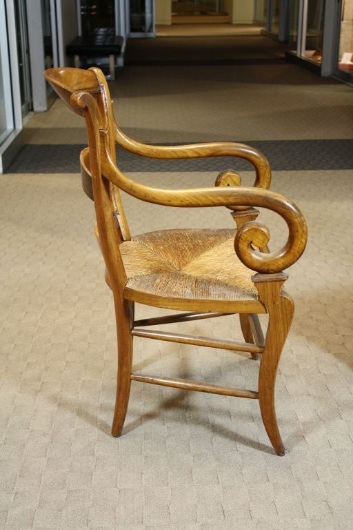 19th Century Pair of French Scroll Armchairs with Rush Seats For Sale