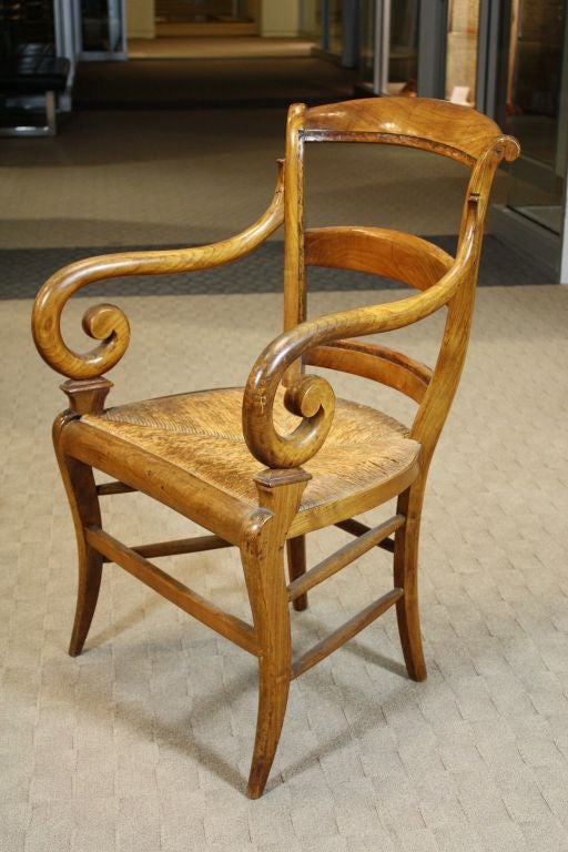 Pair of French Scroll Armchairs with Rush Seats In Fair Condition For Sale In Pembroke, MA