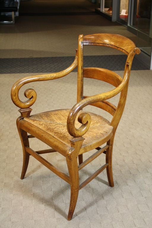 Fruitwood Pair of French Scroll Armchairs with Rush Seats For Sale