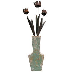 Folky Wooden Vase Of Tin Tulips