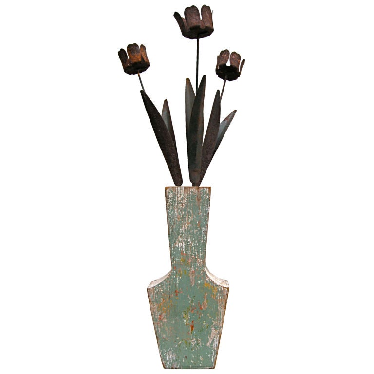 Folky Wooden Vase Of Tin Tulips For Sale
