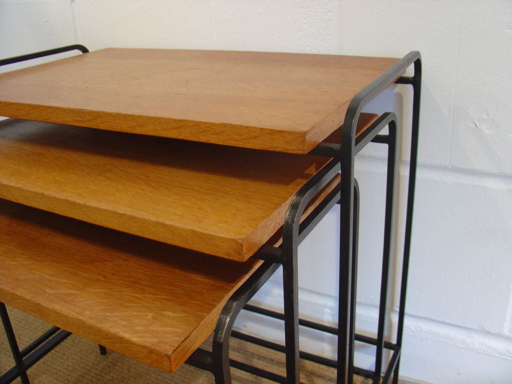 Oak and iron nest of three tables