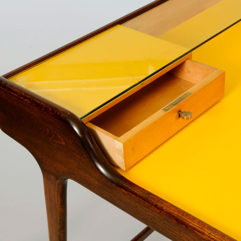 German Writing Desk by Reinhold Stoltz with yellow Formica surface. Designed for Mobelfabriek, published in 