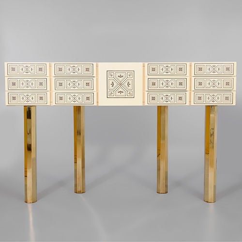 Lacquered Wood Console with Brass Inlaid Drawers & Brass Legs
