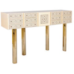 Lacquered Wood Console with Brass Inlaid Drawers 
Brass Legs