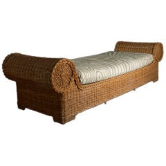Vintage A 1960s Scrolled Arm Wicker Daybed with Upholstered Seat