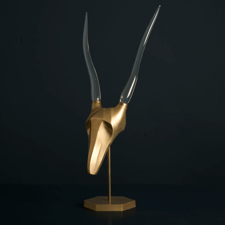 A Modernist Antelope Bronze & Steel Skull with Glass Horns