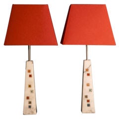 A Pair of Rare Alabaster and Fused Art Glass Lamps by Higgins