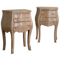A Pair of 1970s Bombe Two Drawer Side Tables in Faux Snakeskin