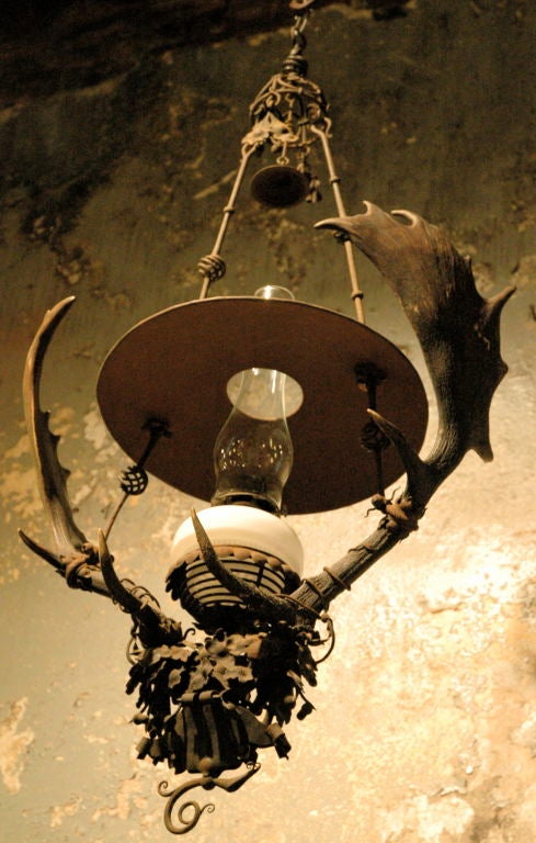 Forged Handmade Wrought Iron and Horn Light Fixture For Sale