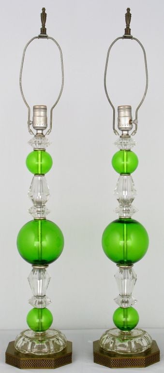 American Pair Elegant & Tall Crystal And Green Glass Sphere Table Lamps