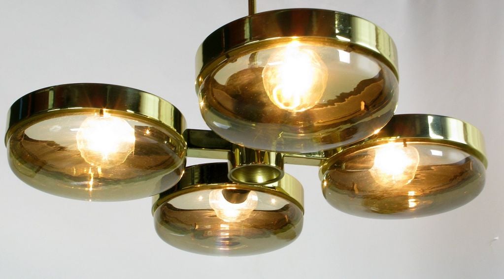 American Modernist Brass And Smoked Glass Quatrefoil Chandelier