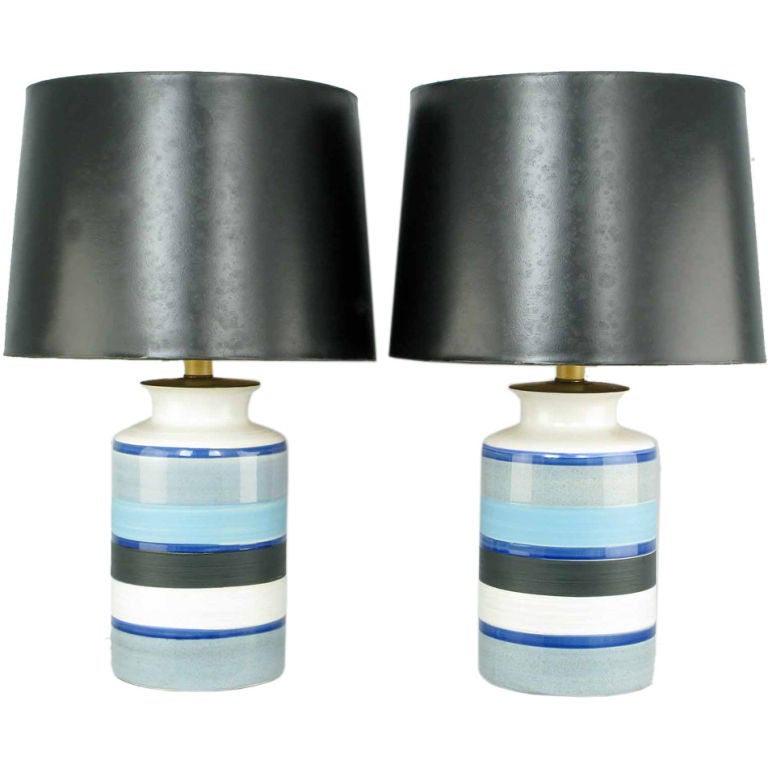 Pair Blue, Black & White Striped Glaze Pottery Lamps