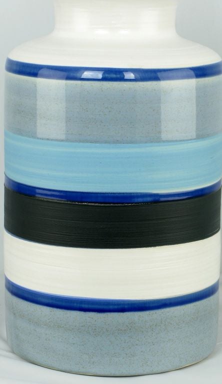 Mid-20th Century Pair Blue, Black & White Striped Glaze Pottery Lamps