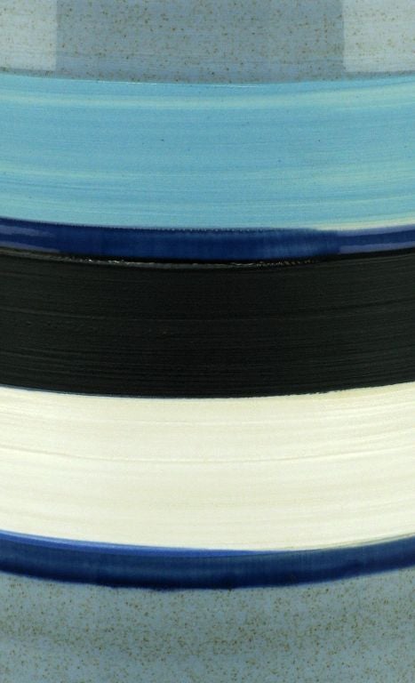 Brass Pair Blue, Black & White Striped Glaze Pottery Lamps