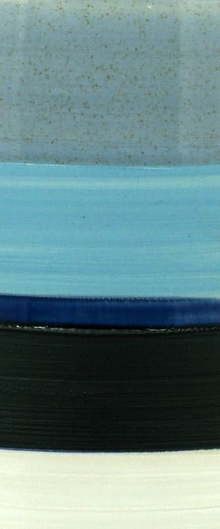 Pair Blue, Black & White Striped Glaze Pottery Lamps 1