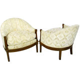 Pair Barrel-Back Club Chairs In Taupe & Cream Geometric Velvet