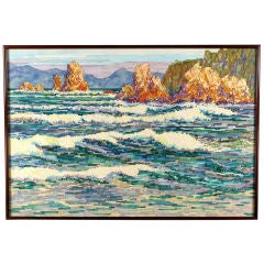 Large Colorful Pointillist Watercolor Seascape By Douglas Wilson