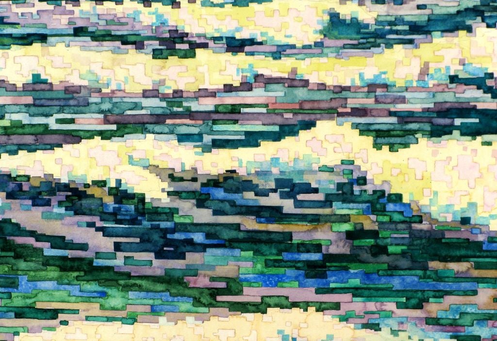 This beautiful pointillist watercolor is painted with a series of dashes resembling a mosaic. Combined, the brushstrokes reveal crashing waves, with a rocky shore backed by blue mountains and a lavender/blue sky. Signed Douglas Fenn Wilson 1984.