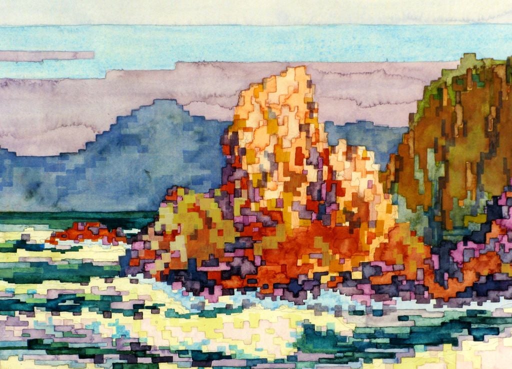 Large Colorful Pointillist Watercolor Seascape By Douglas Wilson 1