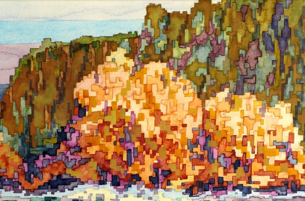 Large Colorful Pointillist Watercolor Seascape By Douglas Wilson 2
