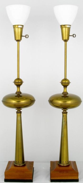 Pair Stiffel Large-Scale Conical Brass & Mahogany Table Lamps