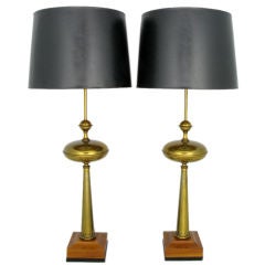Pair Stiffel Large-Scale Conical Brass & Mahogany Table Lamps