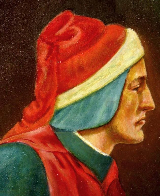 Beautiful oil on canvas, in the style of the old masters, depicting Dante Alighieri holding a copy of the 