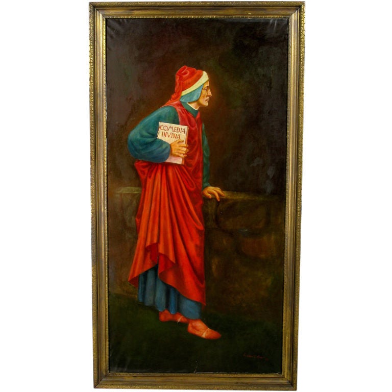 Large Oil Painting Depicting Dante Holding "The Divine Comedy"