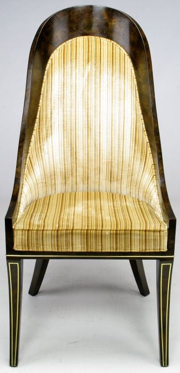 Very fine and elegant dining chairs from Mastercraft with burl amboyna wood frames inlaid with brass.  Finished in the original tan striped and solid camel velvet. Designed by William Doezema for Mastercraft.