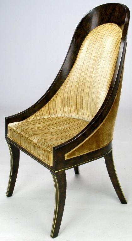 American Four Mastercraft Amboyna Burl & Brass Spoonback Dining Chairs