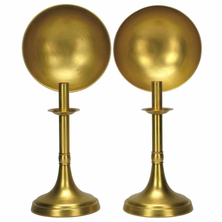 Pair Sarreid Brass Candlesticks With Concave Reflectors