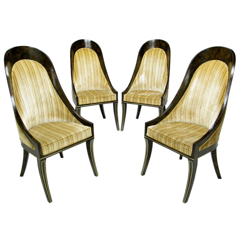 Four Mastercraft Amboyna Burl & Brass Spoonback Dining Chairs