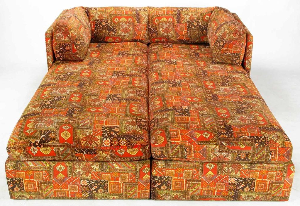 Pair Milo Baughman Chaises Longues In Bedouin Rug Design Fabric