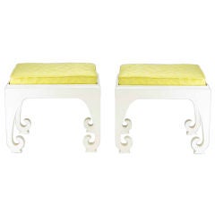 Pair Custom White Lacquer Benches With Saffron Upholstered Seats