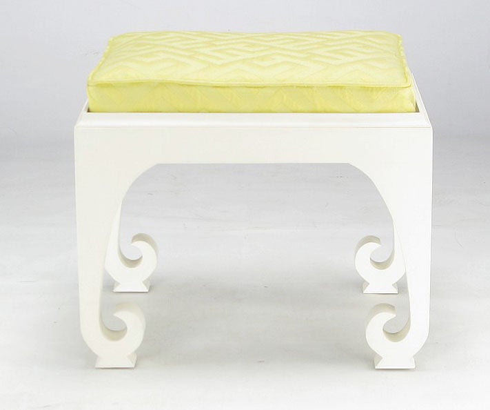 Pair Custom White Lacquer Benches With Saffron Upholstered Seats
