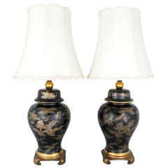 Pair Black & Gilt Ginger Jar Table Lamps With Dragon Design