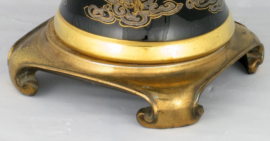 American Pair Black & Gilt Ginger Jar Table Lamps With Dragon Design