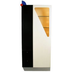 Memphis-Inspired Black Lacquer & Cerused Oak Tall Cabinet