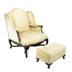 1940s Regence Wing Back Arm Chair & Ottoman In Camel Velvet