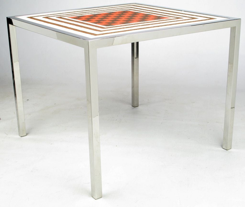 Milo Baughman  Needlepoint  Game Table With Chrome Parsons Frame