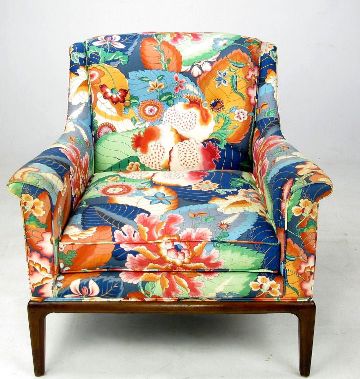 American Colorful Chintz Upholstered Club Chairs In The Style Of Wormley